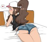  1girl ass baseball_cap bed bed_sheet blue_eyes blush brown_hair denim denim_shorts hat heart highres looking_at_viewer lying on_bed on_stomach pokemon pokemon_(game) pokemon_bw ponytail short_shorts shorts smile superjetjonh117 tank_top thought_bubble touko_(pokemon) vest 