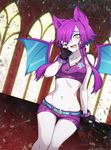  animal_ears bat_ears bat_wings belt black_gloves blood blood_from_mouth blood_on_breasts blue_hair blush borrowed_character bracelet breasts cleavage commentary commission embarrassed eyeshadow facing_viewer fangs fingerless_gloves gloves hair_over_one_eye high_collar highres jewelry looking_away makeup medium_breasts monster_girl multicolored_hair nail_polish navel original pale_skin purple_hair purple_nails purple_shorts short_hair short_hair_with_long_locks short_shorts shorts solo spike_wible sports_bra stomach thigh_gap two-tone_hair wings yellow_eyes zipper 