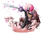  afro black_jacket black_pants bodskih brook cherry_blossoms holding holding_sword holding_weapon jacket long_hair male_focus necktie one_piece open_mouth pants pink_hair purple_shirt shiny shiny_clothes shirt skull solo sword transparent_background weapon yellow_neckwear 