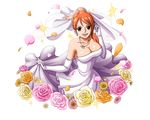  :d bodskih breasts bridal_veil brown_eyes cleavage dress earrings elbow_gloves floating_hair flower gloves hand_in_hair jewelry large_breasts long_hair nami_(one_piece) necklace one_piece open_mouth orange_flower orange_hair pink_flower ponytail shiny shiny_skin skirt_hold sleeveless sleeveless_dress smile solo strapless strapless_dress transparent_background veil wedding_dress white_dress white_gloves yellow_flower 