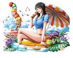  1girl bird black_bikini_bottom black_hair blonde_hair blue_eyes blue_shirt bodskih breasts cleavage collarbone crossed_legs derivative_work food heart holding holding_food ice_cream large_breasts long_hair looking_at_viewer multiple_girls navel nico_robin one_piece open_mouth oversized_object sanji shirt short_sleeves sitting stomach swimwear tied_shirt tongue tongue_out too_many too_many_scoops transparent_background umbrella 