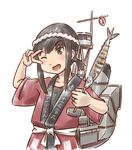  black_hair cannon cowboy_shot fish fubuki_(kantai_collection) green_eyes hachimaki happi headband heart_lock_(kantai_collection) japanese_clothes kantai_collection karasu_(naoshow357) low_ponytail machinery nejiri_hachimaki ponytail red_clothes remodel_(kantai_collection) rigging short_ponytail sidelocks solo v v_over_eye 