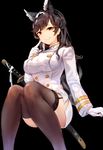  :&gt; absurdres animal_ears atago_(azur_lane) azur_lane bangs black_background black_legwear closed_mouth double-breasted extra_ears eyebrows_visible_through_hair garter_straps gloves hand_up highres index_finger_raised knees_together_feet_apart long_hair looking_at_viewer military military_uniform miniskirt mole mole_under_eye pencil_skirt sidelocks simple_background skirt smile solo sukemyon swept_bangs thighhighs thighs uniform wavy_hair white_gloves 
