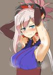  arito_arayuru armpits arms_behind_head blue_eyes blush commentary_request earrings fate/grand_order fate_(series) hair_ornament japanese_clothes jewelry kimono looking_at_viewer miyamoto_musashi_(fate/grand_order) pink_hair sleeveless sleeveless_kimono 