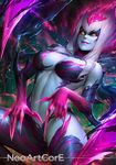  artist_name bare_shoulders breasts demon_girl evelynn glowing glowing_eyes large_breasts league_of_legends lipstick long_hair looking_at_viewer makeup nudtawut_thongmai signature smile solo thighs white_hair yellow_eyes 
