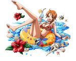  :d ahoge barefoot bikini bodskih breasts brown_eyes brown_hair cleavage earrings innertube jewelry large_breasts nami_(one_piece) navel one_piece open_mouth short_hair smile solo swimsuit transparent_background yellow_innertube 
