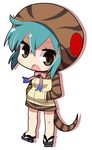  aqua_hair bow chibi geta hands_in_pockets hood hoodie kemono_friends looking_at_viewer open_mouth osaragi_mitama ribbon short_hair simple_background snake_tail solo striped_hoodie tail tsuchinoko_(kemono_friends) white_background 