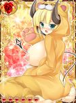  animal_costume ass back_opening blonde_hair blush breasts erect_nipples green_eyes horns huge_breasts inma_kourin_devil_carnival looking_at_viewer sitting tail 