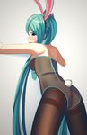  00s 1girl animal_ears aqua_eyes aqua_hair ass bare_shoulders blush breasts bunny_ears bunny_tail eahi hairband hatsune_miku long_hair looking_at_viewer looking_back matching_hair/eyes medium_breasts necktie shadow solo standing sweat thighband_pantyhose twintails vocaloid 