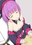  1girl bare_shoulders belt blush book breasts chaldea_uniform commentary_request detached_sleeves fate/grand_order fate_(series) from_above fujimaru_ritsuka_(male) hat helena_blavatsky_(fate/grand_order) itose_ikuto open_mouth purple_hair short_hair sleeping small_breasts strapless 