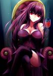  ahsiu alcohol black_gloves black_legwear blush breasts brown_hair cleavage collarbone crossed_legs cup dress drinking_glass fate/grand_order fate_(series) garter_straps gloves highres jewelry large_breasts long_hair looking_at_viewer necklace parted_lips red_eyes scathach_(fate)_(all) scathach_(fate/grand_order) sitting smile solo thighhighs wine wine_glass 