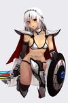  adapted_costume altera_(fate) armor bikini_armor black_gloves black_legwear blush breasts cape collarbone cosplay dark_skin elbow_gloves elizabeth_bathory_(brave)_(fate) elizabeth_bathory_(brave)_(fate)_(cosplay) elizabeth_bathory_(fate)_(all) fate/grand_order fate_(series) full_body_tattoo gloves greaves highres holding holding_sword holding_weapon i-pan looking_at_viewer navel one_knee open_mouth pauldrons photon_ray red_eyes revealing_clothes shield shiny shiny_skin short_hair silver_trim small_breasts solo sword tattoo thighhighs veil weapon white_hair 