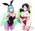  2girls animal_ears bad_id bad_pixiv_id bangs bare_shoulders between_breasts black_eyes black_hair blue_hair bow bowtie breast_squeeze breasts bulma bunny_ears bunny_tail bunnysuit chestnut_mouth cleavage collarbone convenient_censoring covered_navel cowboy_shot curly_hair dated detached_collar detached_sleeves dragon_ball dragon_ball_(classic) finger_on_trigger frills garters green_eyes grin gun hair_between_eyes hair_bow hairband head_tilt holding holding_gun holding_weapon konkitto large_breasts leotard lighter long_hair looking_at_viewer lunch_(dragon_ball) multiple_girls nail_polish pantyhose pink_nails purple_legwear red_leotard smile smoke strap_gap strap_slip surprised swept_bangs tail thighhighs weapon wrist_cuffs 