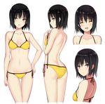  ass ass_visible_through_thighs back bangs bare_arms bikini black_hair breasts brown_eyes cleavage closed_eyes collarbone halter_top halterneck kureha_(ironika) looking_at_viewer medium_breasts multiple_views navel original profile short_hair side-tie_bikini smile standing stomach swimsuit thigh_gap untied untied_bikini yellow_bikini 