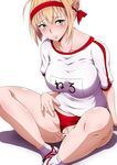  bangs bar_censor blonde_hair blush braided_bun breasts buruma censored closed_mouth collarbone commentary_request fate/extra fate/grand_order fate_(series) green_eyes gym_uniform hairband highres jyouden large_breasts name_tag nero_claudius_(fate) nero_claudius_(fate)_(all) olympian_bloomers panties panties_aside pubic_hair pussy pussy_juice pussy_juice_trail red_buruma shirt shoes sidelocks sitting sneakers socks solo sweat underwear white_legwear white_shirt 