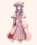  book capelet dress expressionless frilled_dress frills hair_ribbon hat hat_ribbon holding holding_book long_hair mob_cap patchouli_knowledge purple_eyes purple_hair ribbon rion_(glayjirobass) simple_background striped striped_dress the_embodiment_of_scarlet_devil tied_hair touhou 