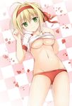  bangs blonde_hair blush breasts buruma checkered checkered_floor closed_mouth collarbone commentary_request eyebrows_visible_through_hair fate/grand_order fate_(series) green_eyes gym_uniform hair_between_eyes hair_intakes highres korie_riko large_breasts looking_at_viewer lying navel nero_claudius_(fate) nero_claudius_(fate)_(all) olympian_bloomers on_back petals red_buruma rose_petals sidelocks smile solo thighs 