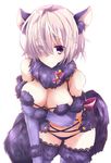  animal_ears blush breast_hold breasts cleavage closed_mouth commentary_request dangerous_beast elbow_gloves eyebrows_visible_through_hair eyes_visible_through_hair fate/grand_order fate_(series) fox_ears fox_tail fur-trimmed_gloves fur_collar fur_trim gloves hair_over_one_eye highres lace lace-trimmed_thighhighs large_breasts looking_at_viewer mash_kyrielight navel o-ring o-ring_top purple_gloves rikudou_inuhiko short_hair simple_background smile solo tail thighhighs tsurime white_background 