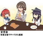  akatsuki_(kantai_collection) anchor_symbol ashigara_(kantai_collection) braid brown_hair cup drinking_straw etorofu_(kantai_collection) food food_on_face fork hat kantai_collection long_sleeves misumi_(niku-kyu) multiple_girls open_mouth purple_hair red_hair sailor_hat school_uniform serafuku shirt short_hair snack translation_request twin_braids 