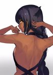  absurdres arms_up black_hair braid breasts dark_skin expressionless from_behind gradient gradient_background hair_flaps hair_over_shoulder halterneck highres jahy jahy_sama_wa_kujikenai konbu_wakame long_hair looking_at_viewer looking_back medium_breasts official_art parted_lips profile simple_background slit_pupils solo sweat yellow_eyes 