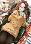  :d alternate_costume bespectacled black_legwear book brown_eyes brown_hair glasses half_updo highres holding holding_book iapoc jintsuu_(kantai_collection) kantai_collection long_hair long_sleeves open_mouth red-framed_eyewear sitting smile solo sweater thighhighs yellow_sweater 