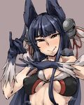  :q \m/ animal_ears armpit_hair black_gloves black_hair breasts covered_nipples gloves granblue_fantasy long_hair medium_breasts p_(tidoriashi) purple_background red_eyes saliva simple_background smile solo sweat tongue tongue_out yuel_(granblue_fantasy) 