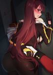  1girl absurdres ass bangs black_legwear black_skirt blush braid breasts commander_(girls_frontline) dull_2385 eyebrows_visible_through_hair from_behind girls_frontline gloves hair_ribbon half_updo hand_holding high-waist_skirt highres jacket large_breasts long_hair looking_at_viewer looking_back military military_uniform off_shoulder one_side_up open_mouth out_of_frame pantyhose purple_hair red_eyes red_ribbon ribbon shirt skirt thighband_pantyhose uniform wa2000_(girls_frontline) 