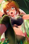  :o bang_dream! black_shirt breasts brown_hair glasses grass green_eyes green_pants highres large_breasts looking_at_viewer midriff navel nochita_shin pants red-framed_eyewear semi-rimless_eyewear shirt short_hair short_sleeves signature solo sweat yamato_maya 