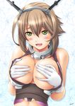  artist_name bangs bare_arms blush breast_squeeze breasts brown_hair cleavage collar collarbone covering covering_breasts deep_skin eyebrows_visible_through_hair flipped_hair floral_background gloves green_eyes hair_between_eyes hand_under_clothes headgear highres kagehara_hanzou kantai_collection large_breasts looking_at_viewer midriff mutsu_(kantai_collection) navel open_mouth shiny shiny_hair short_hair solo tongue white_background white_gloves 