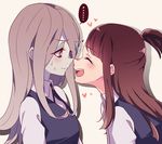  2girls :d ^_^ blush brown_hair closed_eyes closed_mouth grey_hair heart kagari_atsuko little_witch_academia long_hair looking_at_another multiple_girls negom noses_touching open_mouth pale_skin profile red_eyes school_uniform smile speech_bubble spoken_ellipsis sucy_manbavaran upper_body yuri 