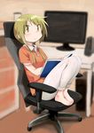  :&lt; barefoot blonde_hair blurry blurry_background blush book chair collarbone computer depth_of_field desk drawer eyebrows_visible_through_hair feet_on_chair holding holding_book ichii_yui legs_folded legs_up long_hair looking_at_viewer monitor office_chair okayparium open_book pants polo_shirt sitting solo yellow_eyes yuyushiki 