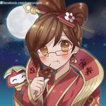  alternate_costume atobesakunolove black-framed_eyewear brown_eyes brown_hair chinese_clothes drone earrings eating floating full_moon glasses hair_bun hair_ornament hair_stick holding jewelry long_sleeves looking_at_viewer luna_mei mei_(overwatch) moon nail_polish night outdoors overwatch red_nails robot short_hair snowball_(overwatch) snowflake_hair_ornament solo upper_body watermark web_address 