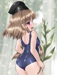  alternate_costume ass bangs black_hat blunt_bangs blush breasts brown_hair commentary_request from_behind hat long_hair looking_at_viewer looking_back myouga_(plant) nishida_satono one-piece_swimsuit open_mouth pink_eyes pointy_ears school_swimsuit short_hair_with_long_locks sidelocks small_breasts smile solo standing swimsuit tate_eboshi touhou winn 