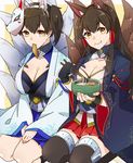  :t akagi_(azur_lane) akagi_(azur_lane)_(cosplay) akagi_(kantai_collection) alternate_costume animal_ears azur_lane black_gloves black_hair border bowl breasts brown_eyes brown_hair chopsticks cleavage collar collarbone commentary_request cosplay eating eyebrows_visible_through_hair fake_animal_ears food food_in_mouth food_on_face fox_ears fox_mask fox_tail gloves gradient_hair hair_between_eyes hair_tubes hairband hands_on_own_thighs highres holding holding_bowl holding_chopsticks japanese_clothes kaga_(azur_lane) kaga_(azur_lane)_(cosplay) kaga_(kantai_collection) kantai_collection kikumon kimono kitsune_udon large_breasts long_hair long_sleeves looking_at_viewer mask mask_on_head miyashirou_(312_1mmm1_213) multicolored_hair multiple_girls namesake pleated_skirt ribbon-trimmed_sleeves ribbon_trim seiza side_ponytail sidelocks sitting skirt straight_hair sushi tail thighhighs twitter_username white_border wide_sleeves 