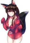  :o akagi_(kantai_collection) alternate_costume animal_ears bangs blush breasts brown_hair cleavage collarbone commentary cowboy_shot eyebrows_visible_through_hair fox_ears fox_tail highres jacket kantai_collection large_breasts leaning_forward long_hair long_sleeves mochiko_(mocchikkoo) open_mouth partially_unzipped red_jacket sidelocks simple_background sketch sleeves_past_wrists solo standing straight_hair tail tareme thigh_gap thighs w_arms white_background yellow_eyes zipper 