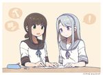  2girls anchor_symbol black_hair black_sailor_collar bullet claw_hammer commentary drum_(container) eraser fingernails fubuki_(kantai_collection) hairband hammer kantai_collection long_hair low_ponytail multiple_girls nakaaki_masashi notebook pen pencil_case ponytail purple_eyes purple_hairband remodel_(kantai_collection) sagiri_(kantai_collection) sailor_collar school_uniform serafuku short_ponytail sidelocks silver_hair speech_bubble spoken_exclamation_mark upper_body 