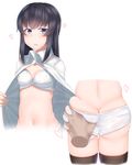  1girl asashio_(kantai_collection) ass ass_grab black_hair black_legwear blue_eyes blush bra breasts cleavage collared_shirt deep_skin disembodied_limb from_behind heart highres kantai_collection kitajima_yuuki long_hair looking_at_viewer lower_body multiple_views navel open_clothes open_shirt panties parted_lips see-through shirt simple_background skindentation small_breasts solo_focus standing stomach thigh_gap thighhighs underwear undressing upper_body water_drop wet wet_clothes wet_panties white_background white_bra white_panties white_shirt wing_collar 
