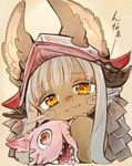  :3 animal_ears bangs blunt_bangs commentary_request duranta ears_through_headwear furry grey_hair hat head_tilt helmet highres looking_at_viewer made_in_abyss mitty_(made_in_abyss) nanachi_(made_in_abyss) red_eyes sidelocks whiskers yellow_eyes 