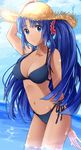  alternate_hairstyle asakura_ryouko bikini blue_eyes blue_hair blue_sky breasts cleavage cloud collarbone commentary_request day hat long_hair looking_at_viewer medium_breasts nao_(doublexdutch) navel ocean side_ponytail sky solo straw_hat suzumiya_haruhi_no_yuuutsu swimsuit tan wading 