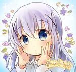  bangs blue_eyes blue_shirt blush character_name closed_mouth collared_shirt commentary_request dated english eyebrows_visible_through_hair flower gochuumon_wa_usagi_desu_ka? gradient gradient_background hair_between_eyes hands_on_own_cheeks hands_on_own_face happy_birthday kafuu_chino katamari_(haruumi00) leaf light_blue_hair long_hair long_sleeves looking_at_viewer nail_polish portrait shirt solo two-tone_background wing_collar 