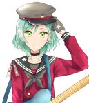  1girl adjusting_clothes adjusting_hat aqua_hair bang_dream! black_choker black_gloves black_hat black_neckwear black_sailor_collar braid choker cosplay earrings electric_guitar gloves green_eyes guitar hat highres hikawa_hina instrument jewelry komachi_narota long_sleeves looking_at_viewer lost_one_no_goukoku_(vocaloid) neckerchief parted_lips print_gloves print_ribbon red_shirt ribbon sailor_collar shirt short_hair shoulder_ribbon side_braid simple_background solo star star_print upper_body vocaloid white_background 