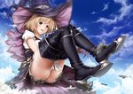  :d ass between_legs black_footwear blush boots cloud commentary_request day destruction djeeta_(granblue_fantasy) dust_cloud floating_island giantess gloves granblue_fantasy hand_between_legs hat high_heel_boots high_heels light_brown_eyes light_brown_hair open_mouth panties pantyshot rakia_(ds00309) shiny shiny_clothes short_hair sky smile solo thigh_boots thighhighs thighs underwear warlock_(granblue_fantasy) white_gloves white_panties witch_hat 