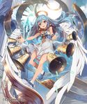  :d bell_earrings bellringer_angel belt blue_eyes blue_footwear blue_hair cloud crystal day dress earrings full_body hair_ornament hairclip halo jewelry long_hair official_art open_mouth outdoors shadowverse shindou_kamichi shingeki_no_bahamut shoes smile solo stairs sun watermark white_dress white_wings wings wristband 