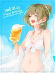  :d alcohol bad_id bad_pixiv_id bangle bangs bare_arms bare_shoulders beer beer_mug bikini blue_sky blunt_bangs blush border bracelet breasts cleavage closed_eyes collarbone cup day earrings eyebrows_visible_through_hair front-tie_bikini front-tie_top glint green_hair happy_birthday highres holding holding_cup idolmaster idolmaster_cinderella_girls jewelry magako mole mole_under_eye necklace open_mouth outdoors shawl short_hair sky small_breasts smile solo swimsuit takagaki_kaede upper_body upper_teeth white_bikini 