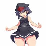  alternate_costume asymmetrical_hair belt black_hair brown_eyes cowboy_shot dress empty_eyes from_behind from_below hair_between_eyes hat i-14_(kantai_collection) kantai_collection looking_at_viewer looking_down pinafore_dress short_hair simple_background solo swimsuit tun white_background 