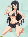  bangs bare_arms bare_legs bare_shoulders barefoot bikini_top black_bikini_top black_eyes black_hair blush breasts cleavage closed_mouth eyebrows_visible_through_hair full_body green_background hand_on_hip hand_up head_tilt kneeling large_breasts long_hair long_legs looking_at_viewer navel omc ra-pen sarong smile solo spread_fingers stomach swimsuit tareme 
