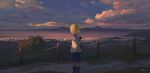  bangs blonde_hair blue_eyes blue_legwear blue_sailor_collar blunt_bangs cat city city_lights closed_mouth cloud cloudy_sky commentary_request feel_(nasitaki) feet_out_of_frame fence from_behind grass highres holding holding_cat island kneehighs long_sleeves looking_at_viewer looking_back ocean original outdoors path pleated_skirt road sailor_collar scenery school_uniform serafuku shirt short_hair signature skirt sky solo standing star_(sky) starry_sky tree twilight white_shirt 