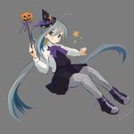  ahoge alternate_color black_dress blue_hair boots cross-laced_footwear dated dress full_body grey_background grey_eyes grey_hair grey_legwear hair_between_eyes halloween hat highres jack-o'-lantern kantai_collection karashi_(tou_gara_shi) kiyoshimo_(kantai_collection) lace-up_boots long_hair long_sleeves looking_at_viewer low_twintails multicolored_hair pantyhose shirt simple_background smile solo star twintails twitter_username very_long_hair wand white_shirt witch_hat 