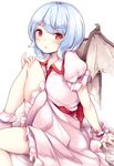  bat_wings black_wings blue_hair blush dress eyebrows_visible_through_hair frilled_dress frilled_sleeves frills hand_on_own_knee highres knee_to_chest knee_up looking_at_viewer maremay0513 open_mouth pink_dress pink_legwear puffy_short_sleeves puffy_sleeves red_eyes remilia_scarlet sash shiny shiny_hair shoes short_hair short_sleeves signature simple_background sitting socks solo spikes tareme touhou white_background wings wrist_cuffs 