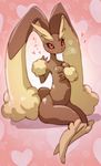  1girl animal_ears black_sclera blush breast_hold breasts bunny_ears bunny_tail covering_breasts drooling flower full_body furry half-closed_eyes hands_up heart highres looking_at_viewer lopunny medium_breasts melonleaf no_humans pink_background pokemon pokemon_(creature) pokemon_dppt red_eyes rose saliva shiny_skin simple_background sitting smile solo tail text translation_request 